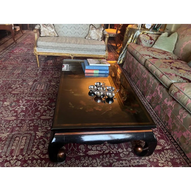 Black Lacquer Chinoiserie Coffee Table, 18th Century Panel of Flowers For Sale - Image 4 of 8