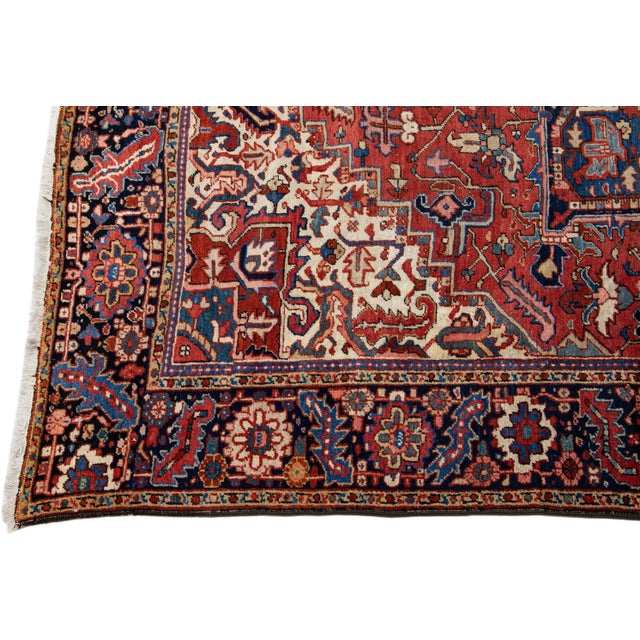 Antique Persian Heriz Handmade Red Wool Rug With Medallion Motif For Sale - Image 4 of 11