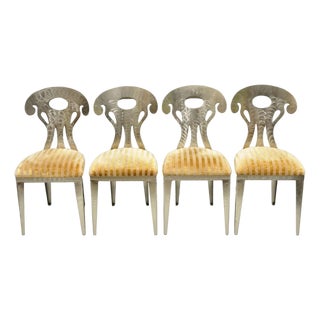 Vintage Postmodern Regency Style Brushed Steel Spade Back Dining Chairs Set of 4 For Sale