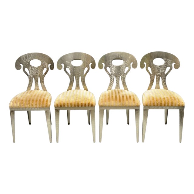 Vintage Postmodern Regency Style Brushed Steel Spade Back Dining Chairs Set of 4 For Sale