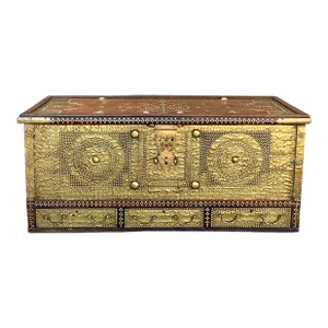 Antique Zanzibar Blanket Chest Teak Wood With Brass Metal Overlay, 19th Century