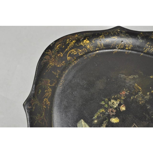 Antique French Papier Mache Tole Hand Painted Fruit Still Life and Bird Tray For Sale In Philadelphia - Image 6 of 12