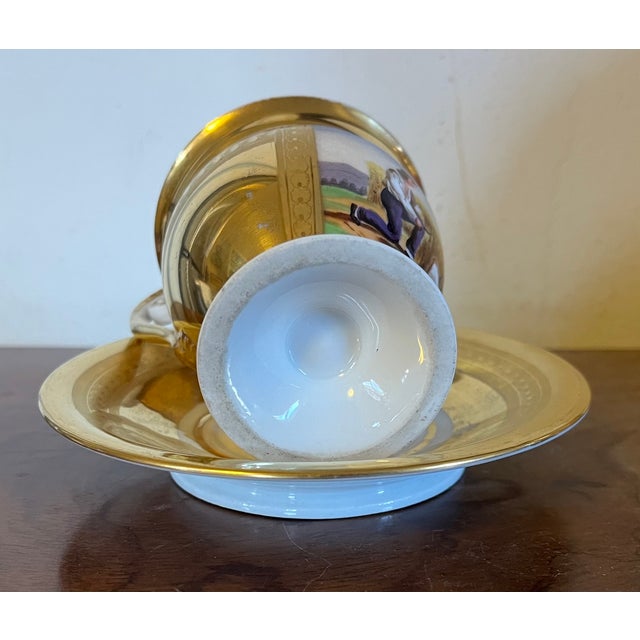 Gold Antique Early 19th Century French Empire Paris Porcelain Tea Cup & Saucer Decorated With a Courting Couple For Sale - Image 8 of 14