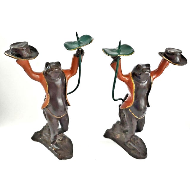 Early 20th Century Candlestick Pair - Large Antique Hand Painted Bronze Frogs For Sale - Image 5 of 18