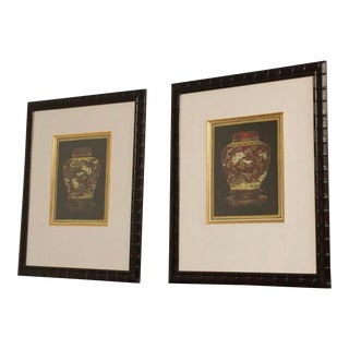 Large Red Chinoiserie Ginger Jar Embellished Prints a Pair For Sale