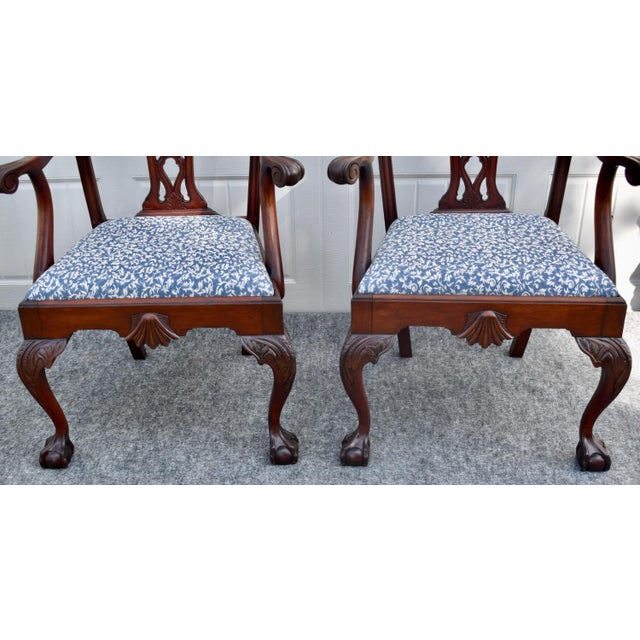 Antique Pair Mahogany Armchairs Chippendale Style Carved Ball Claw Foot Dining For Sale - Image 4 of 18