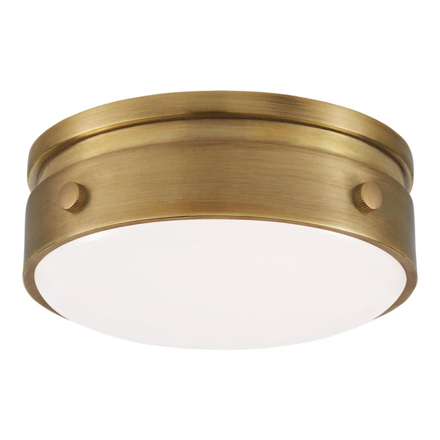 Thomas O'Brien for Visual Comfort Signature Hicks 5.5" Solitaire Flush Mount in Hand-Rubbed Antique Brass with White Glass For Sale
