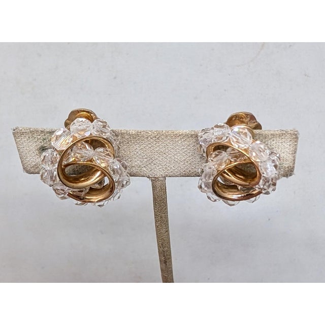 Mid-Century Modern Vintage 1962 Signed Napier Goldtone Clear Beaded Figure-8 Clip Earrings- 2 Pieces For Sale - Image 3 of 8