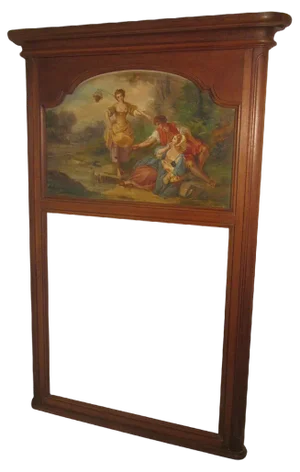 Large 19th Century French Oak Trumeau Mirror, Oil on Canvas, 1890s