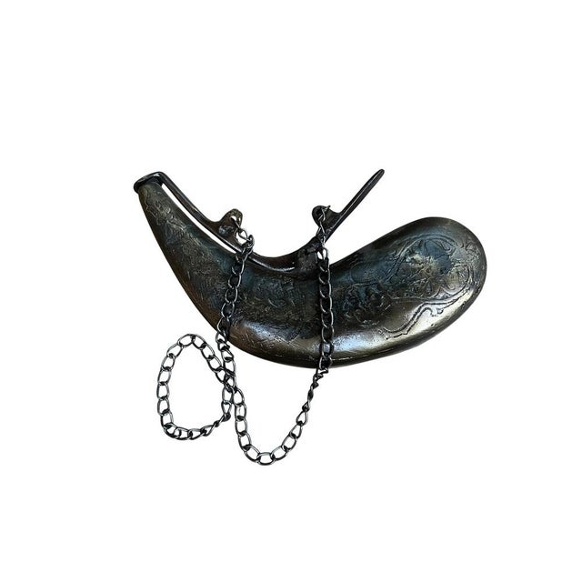 Antique Style Brass Gun Powder Horn For Sale - Image 5 of 10