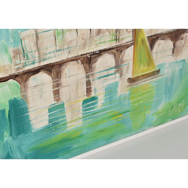 Teal LeMark Mid-Century Modern Aqua Blue White and Green Nautical Harbor Painting For Sale - Image 8 of 9