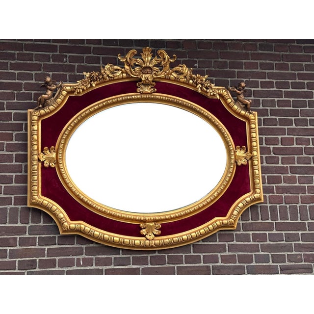 French 1970 French Louis XVI Gold Velvet Wood Wall Mirror For Sale - Image 3 of 13