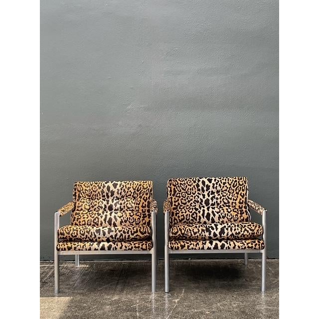 Mid-Century Modern Vintage Brushed Chrome Leopard Lounge Chairs - A Pair For Sale - Image 3 of 13