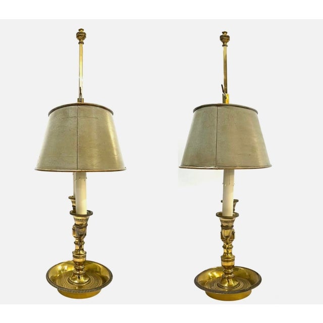 French Pair of Vintage Gilt Brass Bouillotte Lamps With French Gray Tole Shades For Sale - Image 3 of 17