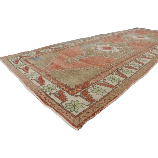 53628 Vintage Turkish Oushak Rug, 04'07 x 12'07. ​Rustic sensibility meets nomadic charm in this hand knotted wool vintage...