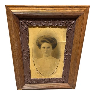 Vintage Wooden Intricate Frame With Photo of a Woman For Sale