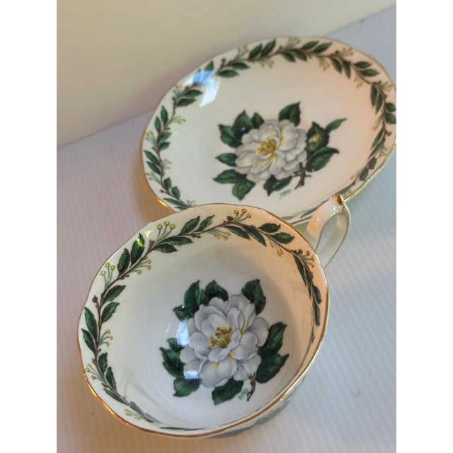 Vintage Royal Albert England "Lady CLARE"Sign A.Wagg Teacup and Saucer Set White Gardenia Green Leaves For Sale - Image 15 of 18