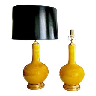 Pair Asian Style Bright Yellow Porcelain Table Lamps For Sale