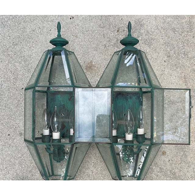 Pair of Vintage Solid Brass Wall Lanterns – Large Beveled Glass Sconces For Sale - Image 13 of 17