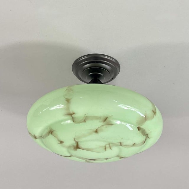 Art Deco Flush Mount in Marbled Opaline Glass and Burnished Brass, Germany, 1920s For Sale - Image 3 of 17