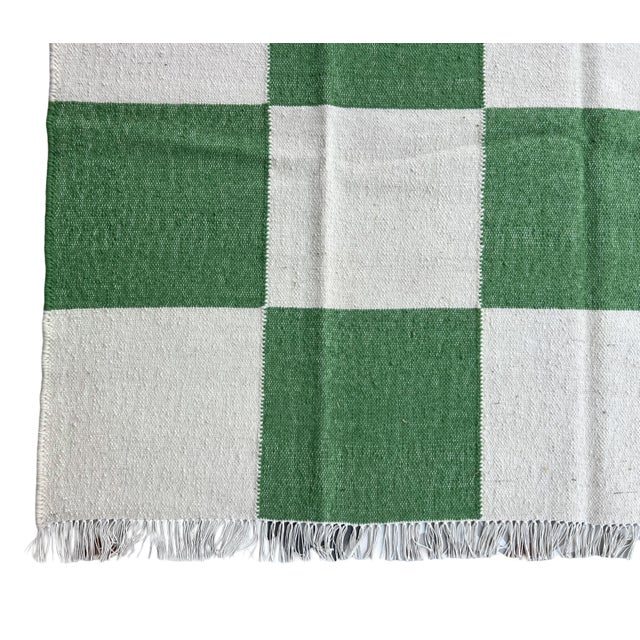 Handmade Woolen Flat Weave Rug, Moss Green and White Checker Board Dhurrie - 5'x8' For Sale - Image 11 of 12