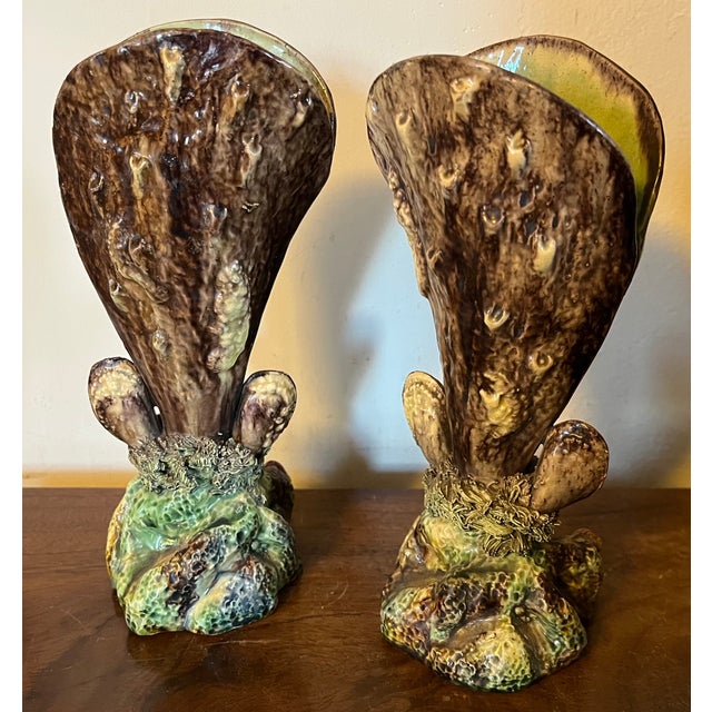 Antique 19th Century French Majolica Palissy Ware Sea Shell Form Vases - a Pair For Sale - Image 10 of 12