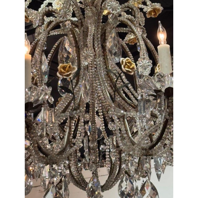 19th Century 19th Century Italian Beaded Crystal and Porcelain Flower Chandelier For Sale - Image 5 of 9