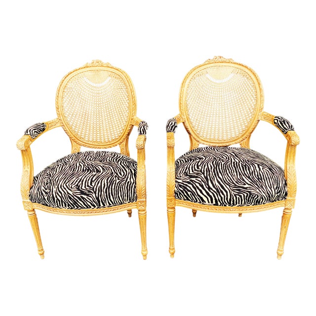 French Style Cane Chairs W/Animal Print Pair Chairish