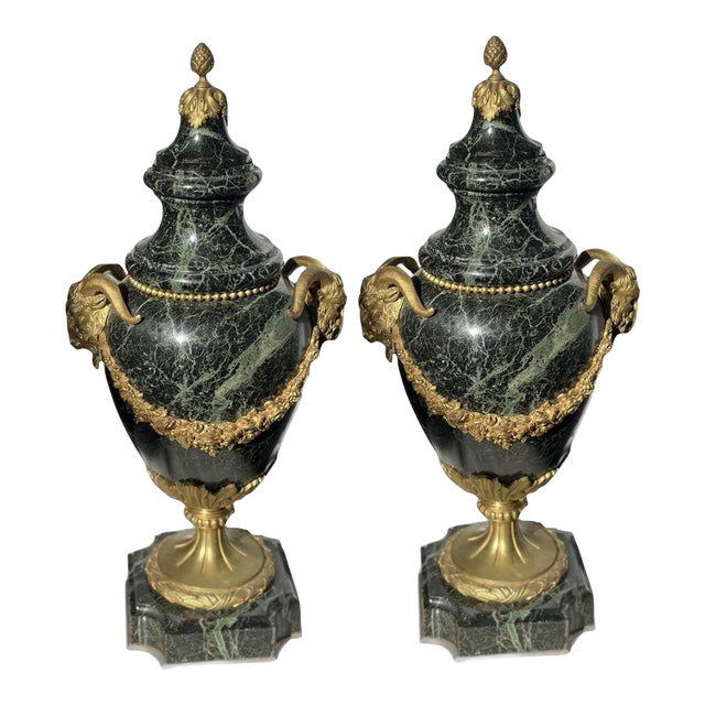 Pair of French 19th Century Green Marble and Bronze Vases/Urns For Sale