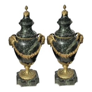 Pair of French 19th Century Green Marble and Bronze Vases/Urns