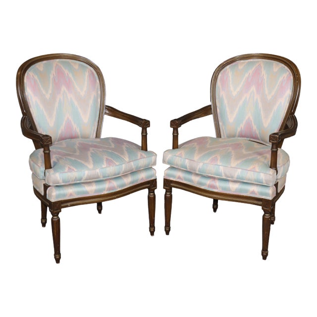 Pair of French Style Louis XVI Style Walnut Mid 20th Century Armchairs For Sale
