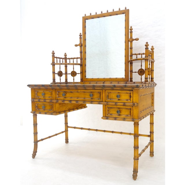 Mid 20th Century Fine Faux Burnt Bamboo Vanity Dressing 5 Drawers Table Tilting Mirror MINT For Sale - Image 5 of 18