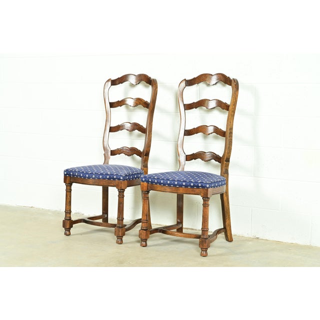 French Provincial Century Furniture French Country Carved Solid Oak Ladder Back Side Chairs or Dining Chairs, Pair For Sale - Image 3 of 13