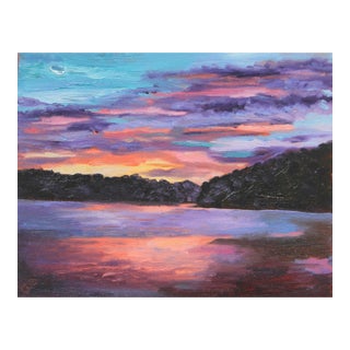 Americana Landscape Lake Mountains Sunset Impressionism Traditional Blue Yellow Apricot Original Oil Painting by Cleo Plowden For Sale