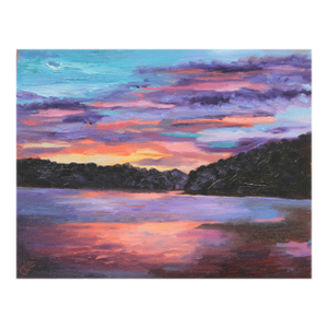 Americana Landscape Lake Mountains Sunset Impressionism Traditional Blue Yellow Apricot Original Oil Painting by Cleo Plowden