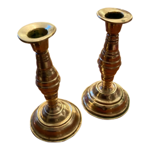 Antique Turned Solid Brass American Colonial Pair of Candlesticks