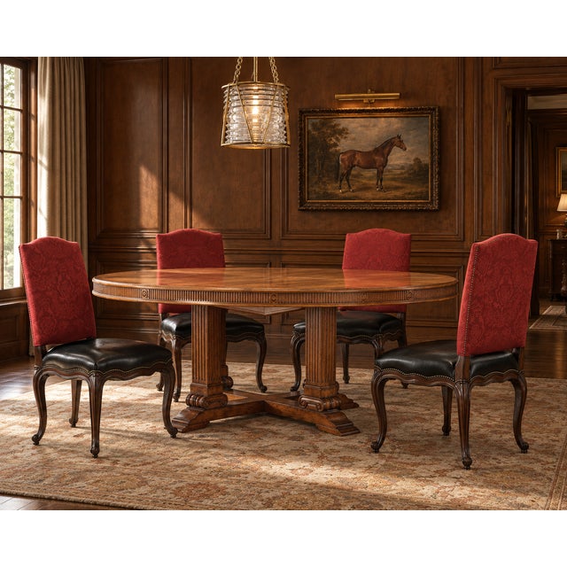 A handsome bespoke set of ten signed Ralph Lauren Home “Noble Estate” dining side chairs, executed in a dramatic...