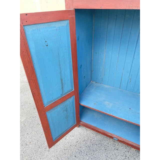 Late 20th Century Country Farmhouse Red & Blue Forest Carved Wardrobe Tv Entertainment Cabinet For Sale In Philadelphia - Image 6 of 12