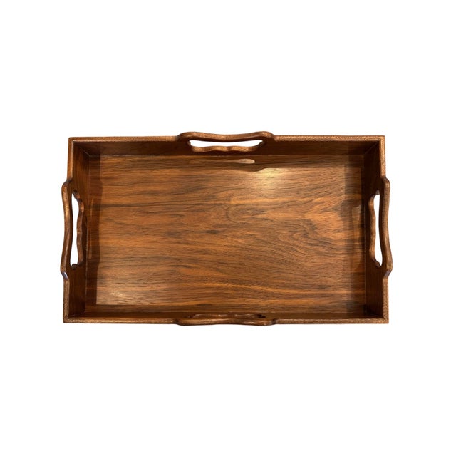 Mid 20th Century Hand Carved English Georgian Style Handled Gallery Butlers / Serving / Accent Tray in Walnut For Sale - Image 5 of 7
