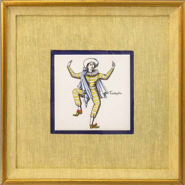 Wood Piero Fornasetti Maschere Italiane Commedia Dell’Arte 1950s Ceramic Tiles Framed Set of 4 For Sale - Image 7 of 10