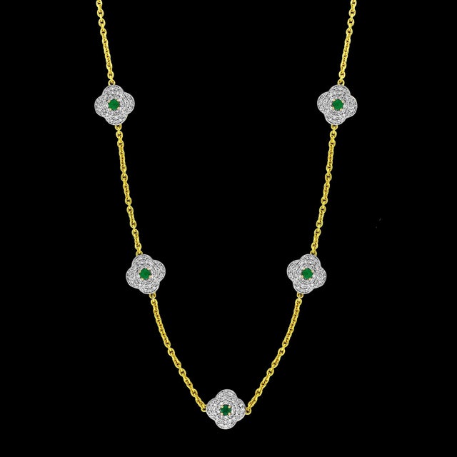 5 Clover Natural Emerald Cluster & Diamond Station Chain Necklace, 14 KYG, 17 Gm For Sale - Image 14 of 18