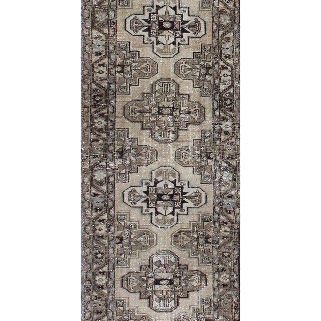 Tribal Antique Persian Hamadan Runner With Geometric Medallion Design in Neutral Tones For Sale - Image 3 of 7