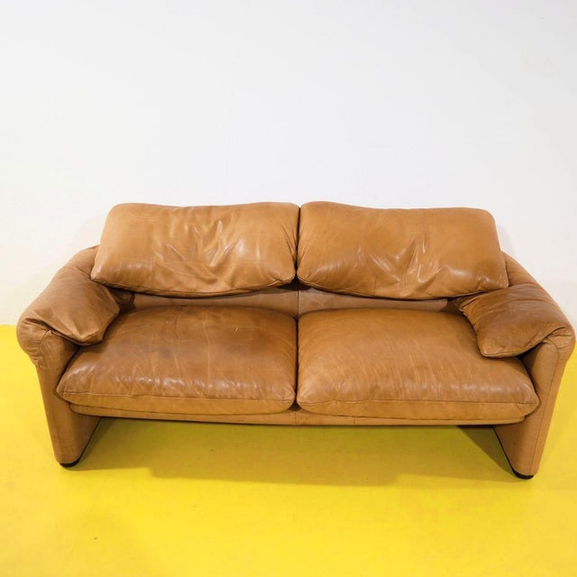 Maralunga Living Room Set in Tan Leather by Vico Magistretti for Cassina, 1970s, Set of 3, in Very Good conditions....