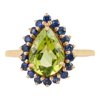 Peridot Blue Sapphire Halo Green 14k Gold Ring Size 6.5, Fine Jewelry by VRJewels For Sale