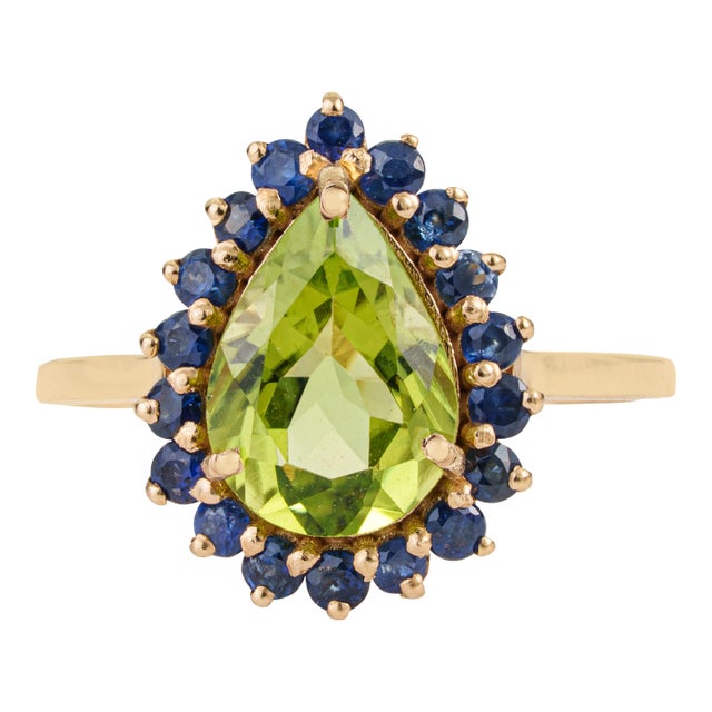 Peridot Blue Sapphire Halo Green 14k Gold Ring Size 6.5, Fine Jewelry by VRJewels For Sale
