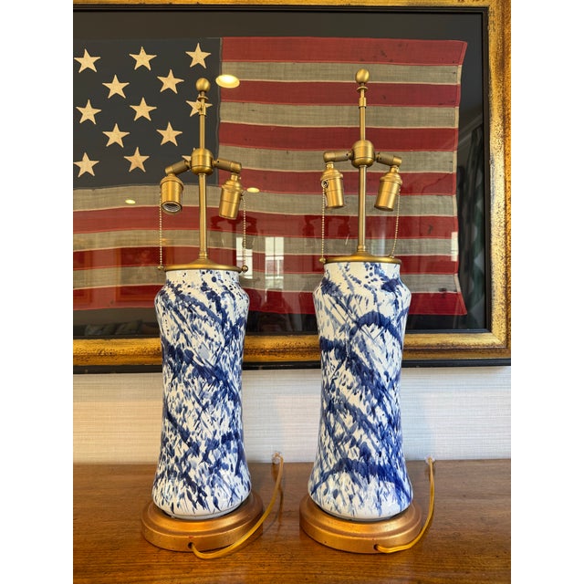 Bunny Williams Home Bunny Williams Blue Splatter Lamps - Pair For Sale - Image 4 of 7