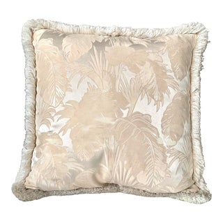 20” Cream Brocade Leaf Design Custom Pillow With Fringe and Feather Filling For Sale