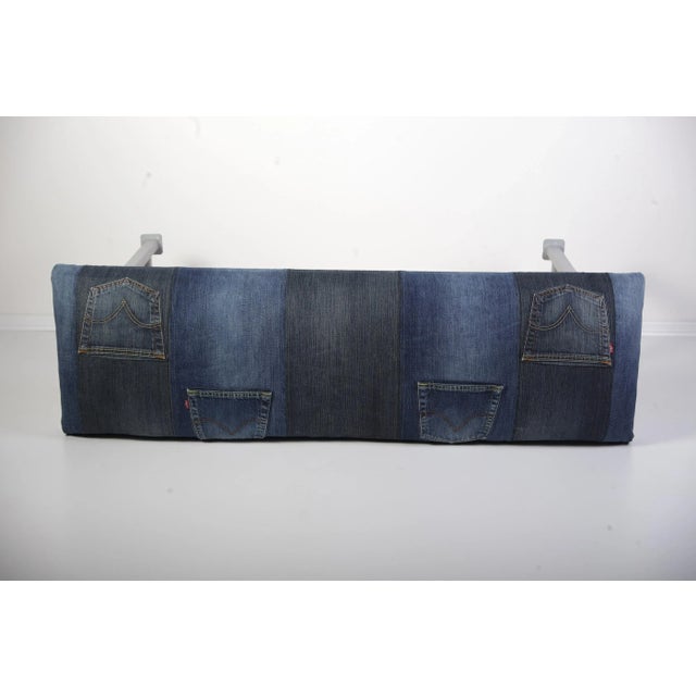 Fully restored bench with original Jeans upholstery. Weight is 15 kg.