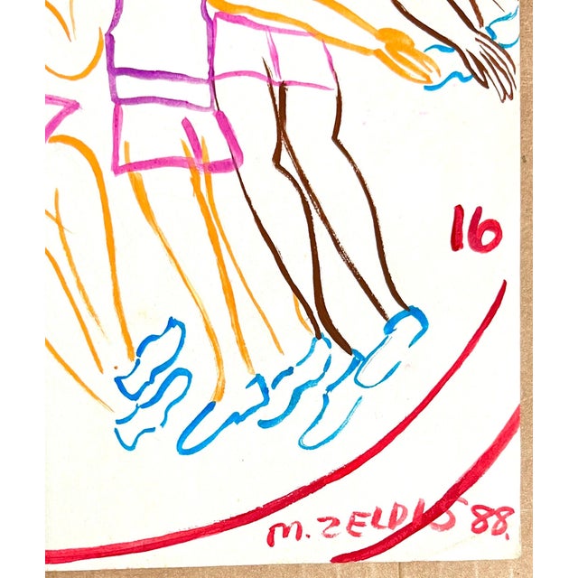 Malcah Zeldis, Malcah Zeldis Folk Art Gouache Painting Sports Basketball Arena Coca Cola Sign, 1988 For Sale - Image 4 of 8