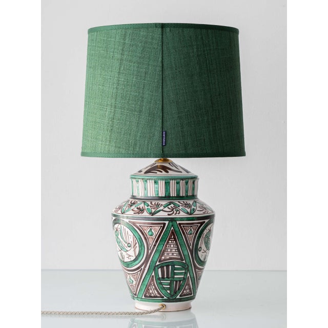 Mid-20th Century Spanish Revival Green Ceramic Table Lamp with Silk Shade, 1970s For Sale - Image 4 of 18